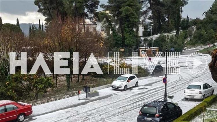 Αρχαία Ολυμπία: Ισχυρή χαλαζόπτωση την «έντυσε στα λευκά»