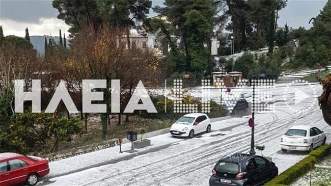 Αρχαία Ολυμπία: Ισχυρή χαλαζόπτωση την «έντυσε στα λευκά»